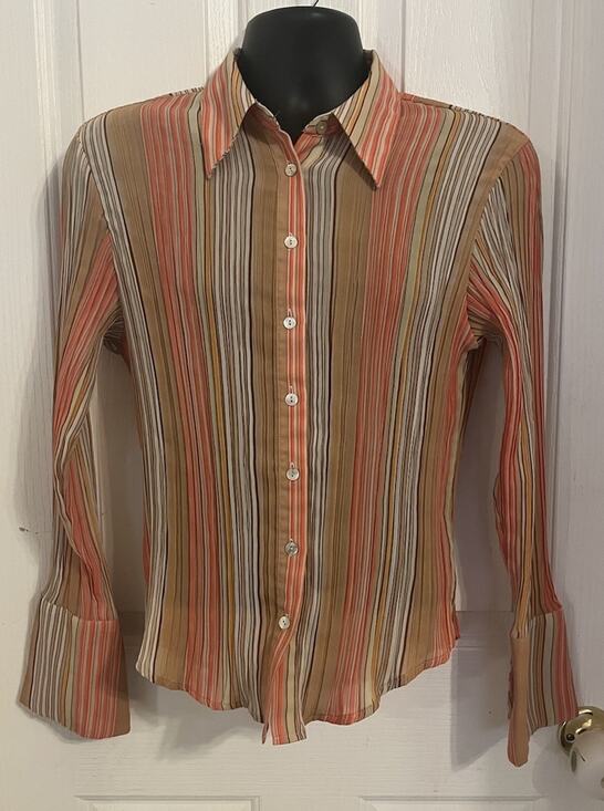 CAVIAR Tops - VTG 70s Dagger Collar Disco Stripe Sheer Angel Sleeve Orange Cream Button Y2K